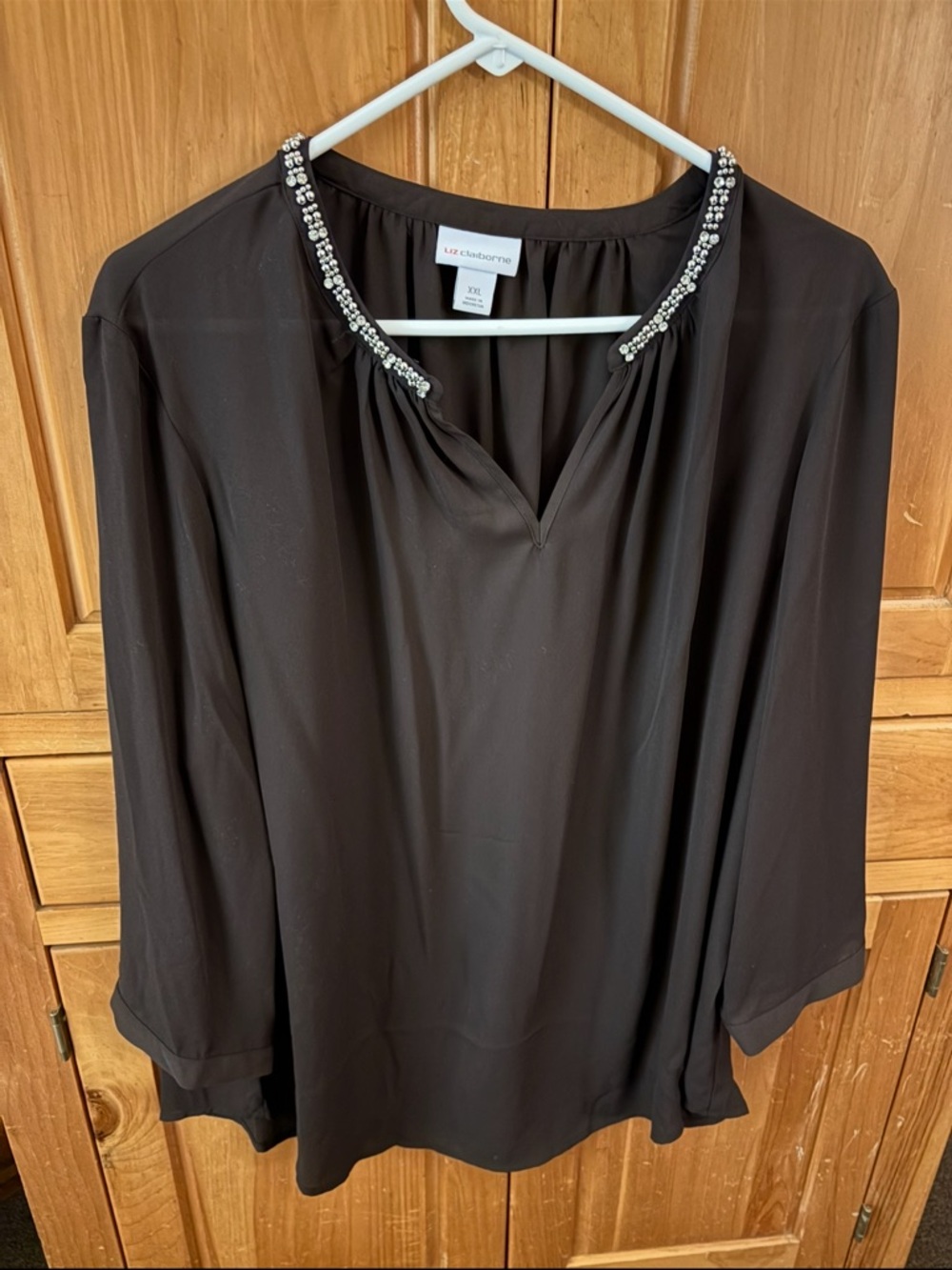 Liz Claiborne XXL blouse beaded neckline - chocolate brown